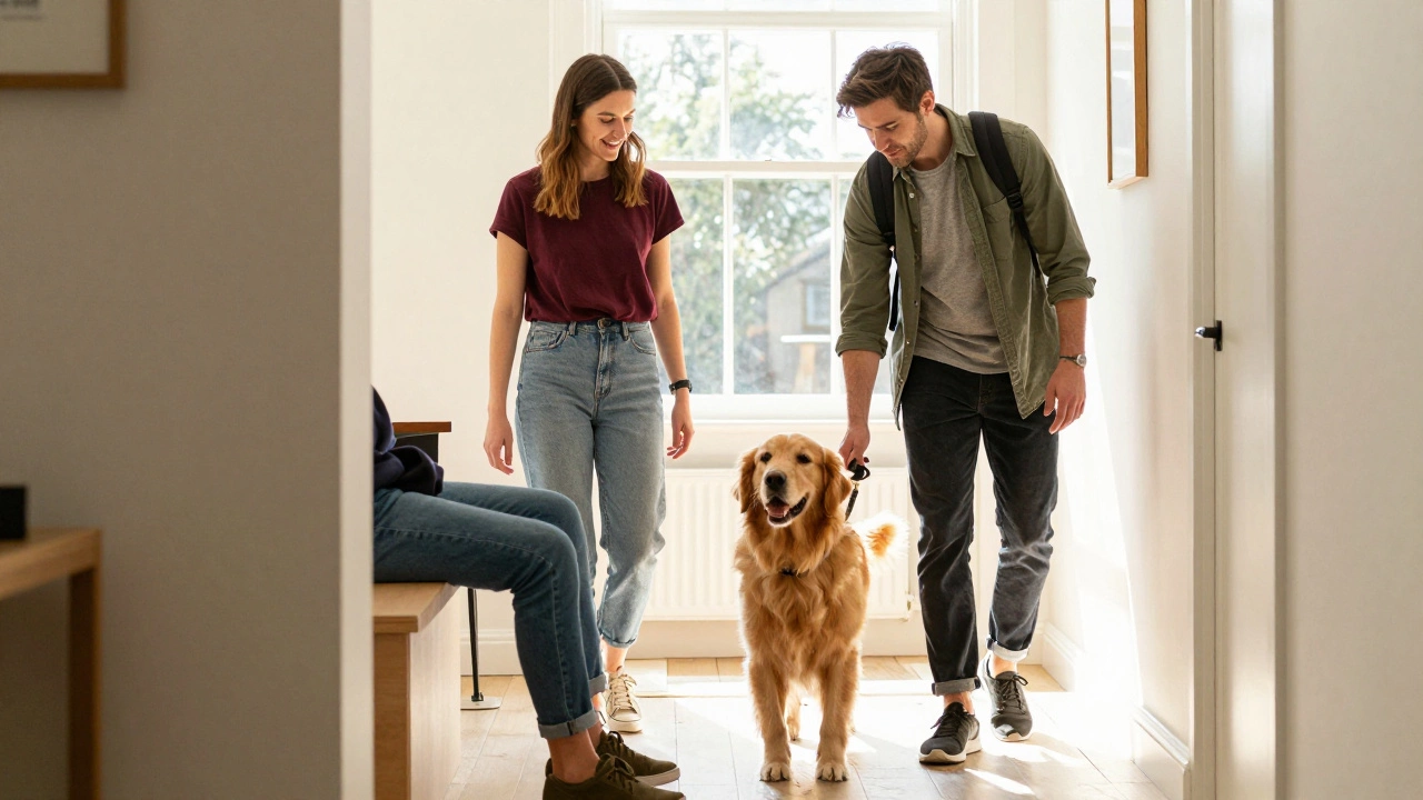 A dog owner and a professional walker interacting with a happy dog in a hallway.