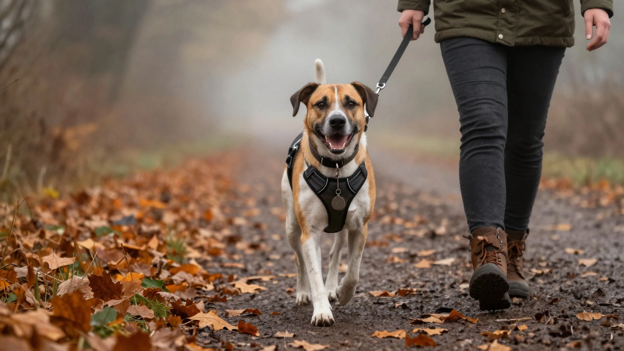 A dog wearing a safety harness and ID collar walking on a misty autumn path
