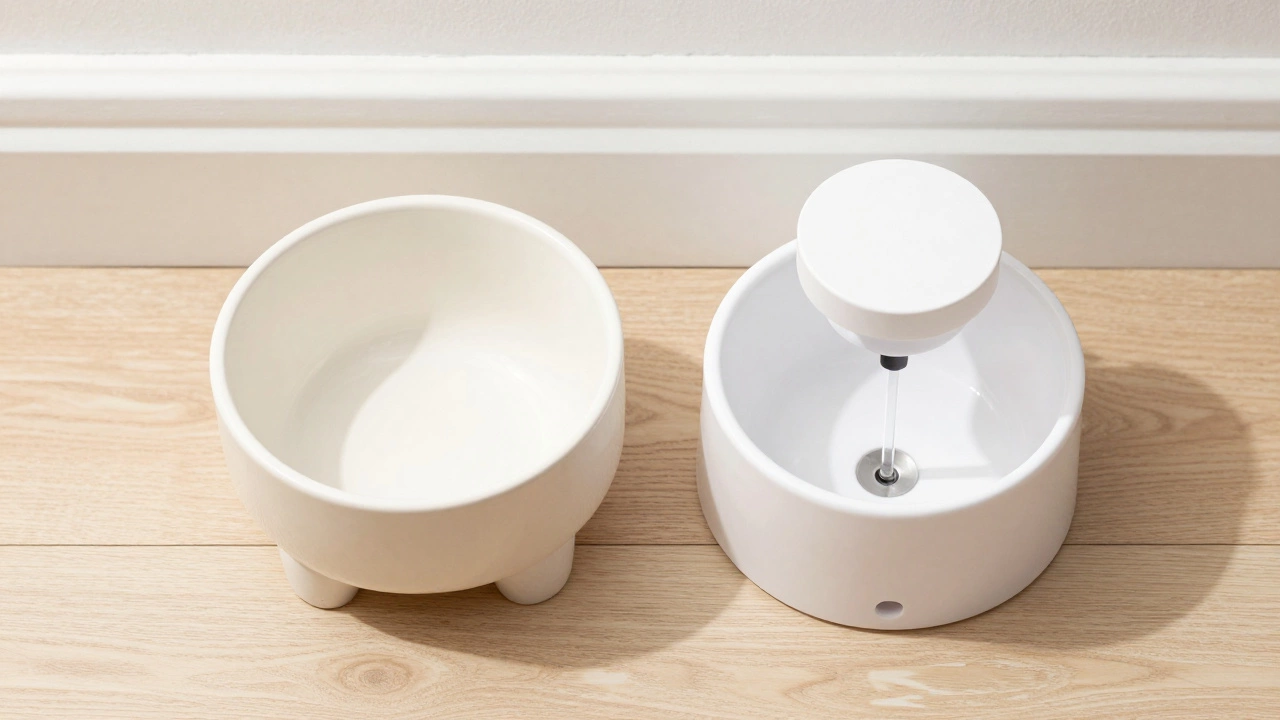 A heavy ceramic bowl and a leak-proof water dispenser on a wooden floor
