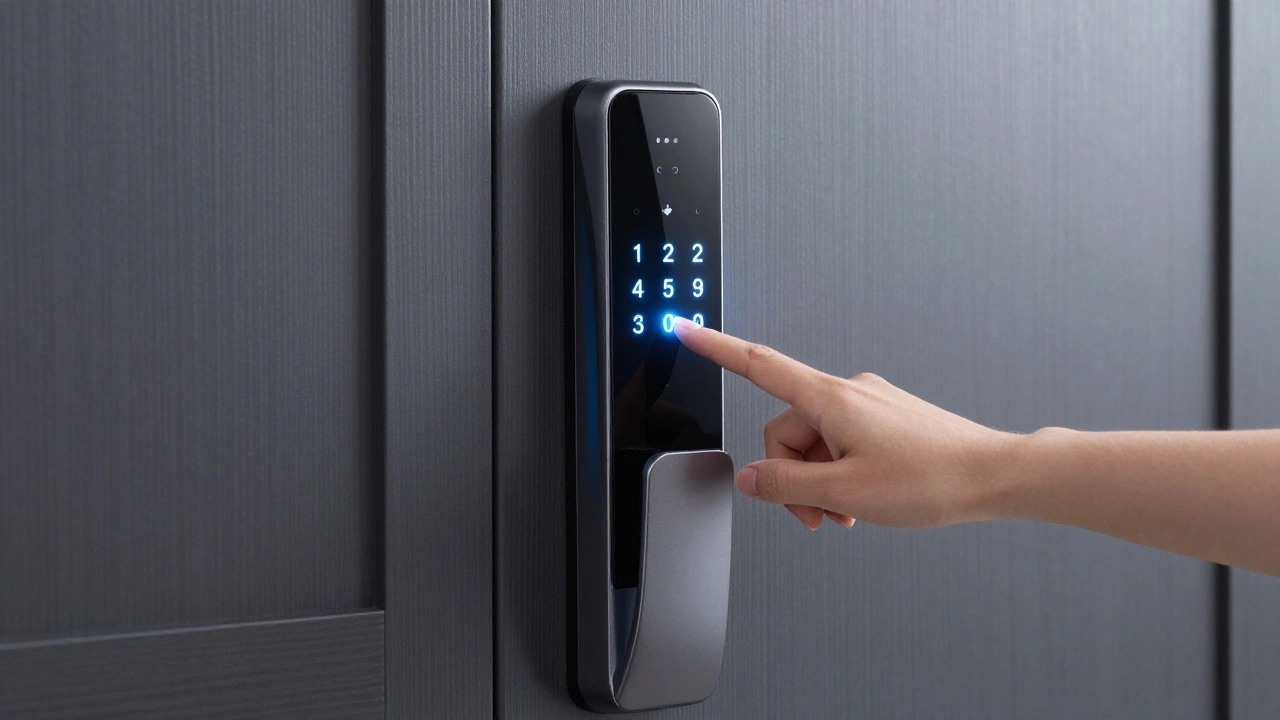 A person entering a digital code into a modern smart lock on a front door.