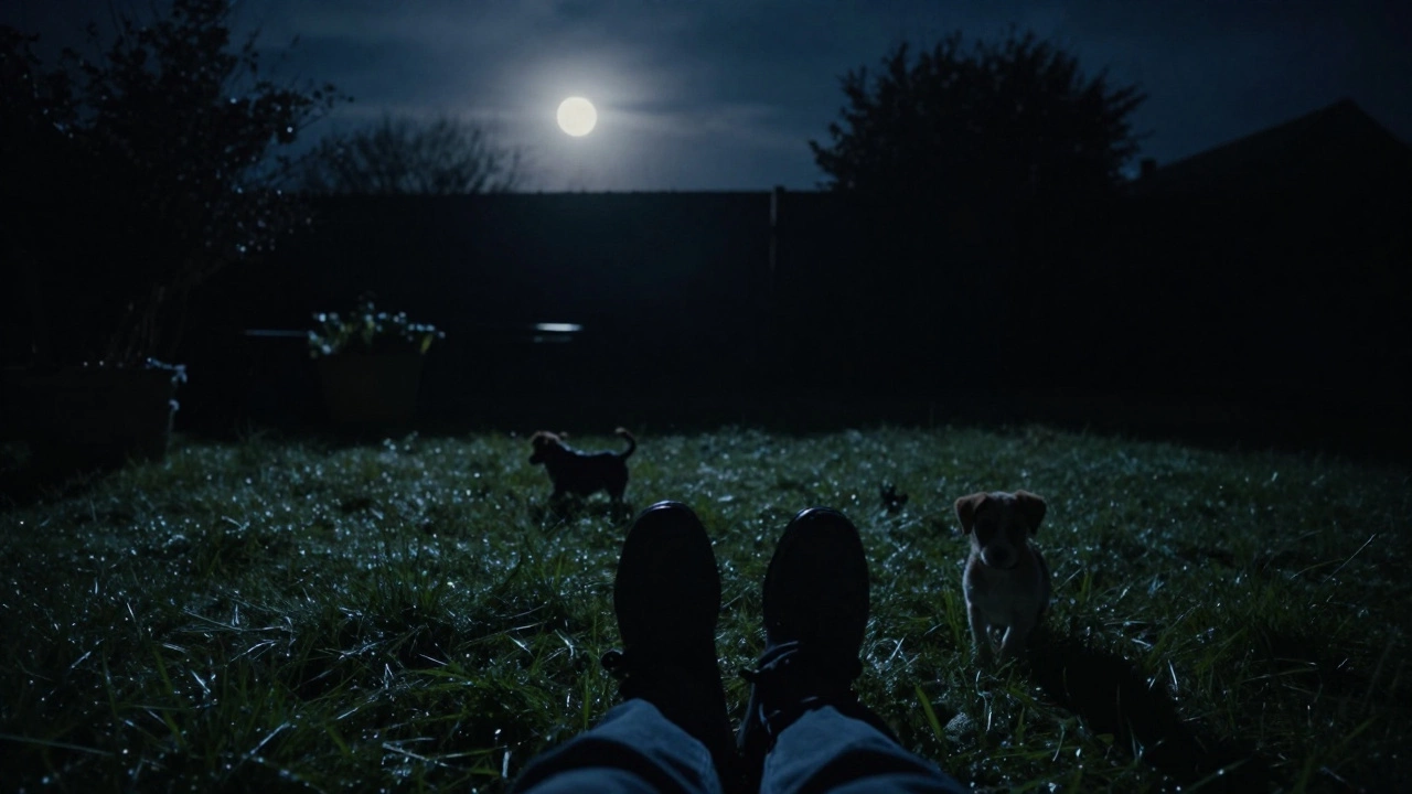 A person taking a small puppy for a quiet midnight potty break in a dark garden.