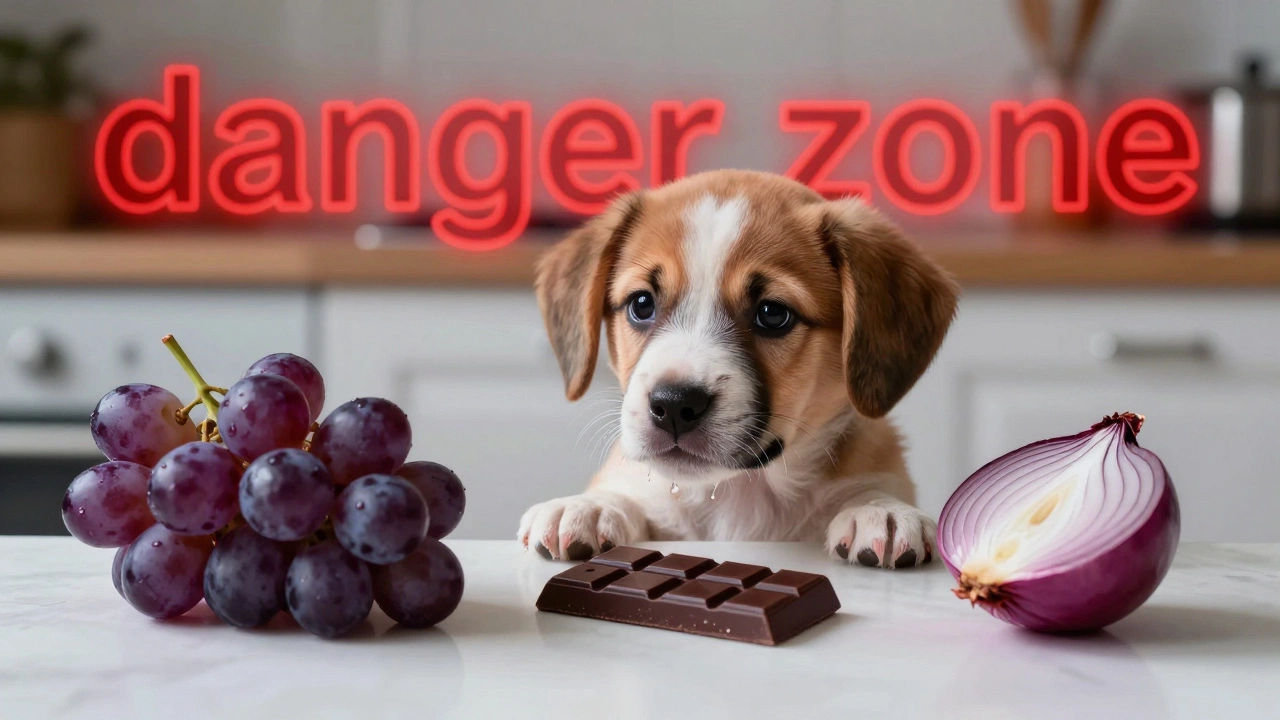 A puppy looking up at a counter with grapes and chocolate, representing toxic foods
