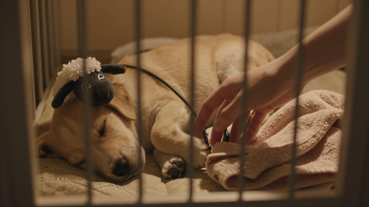 A puppy sleeping peacefully in a crate with a comfort toy and a hand offering reassurance
