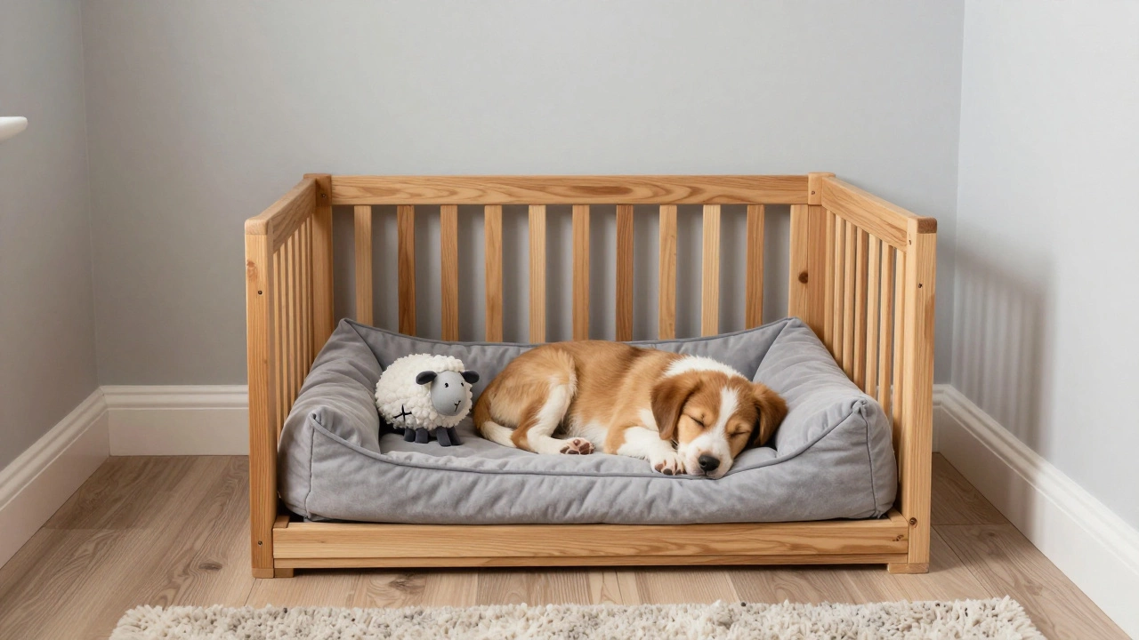 A puppy sleeping peacefully inside a cozy crate with a plush bed and toy in a quiet room.