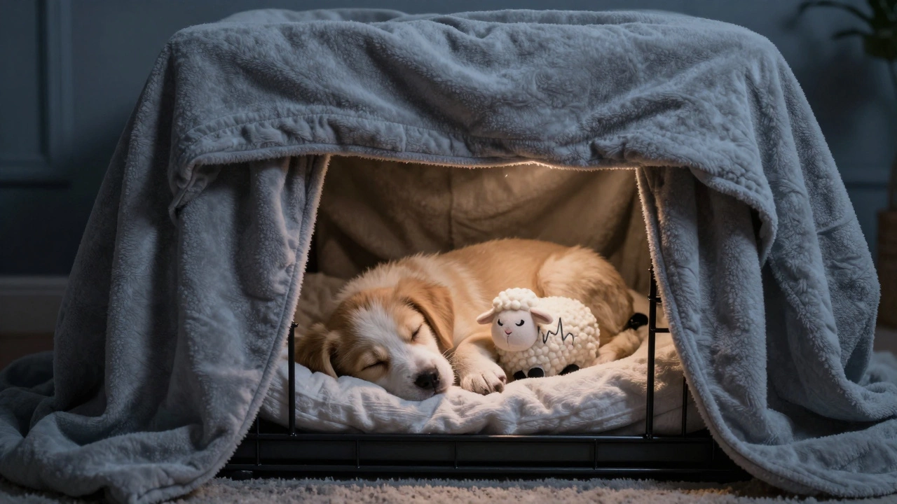 A puppy sleeping securely inside a crate covered with a soft blanket.