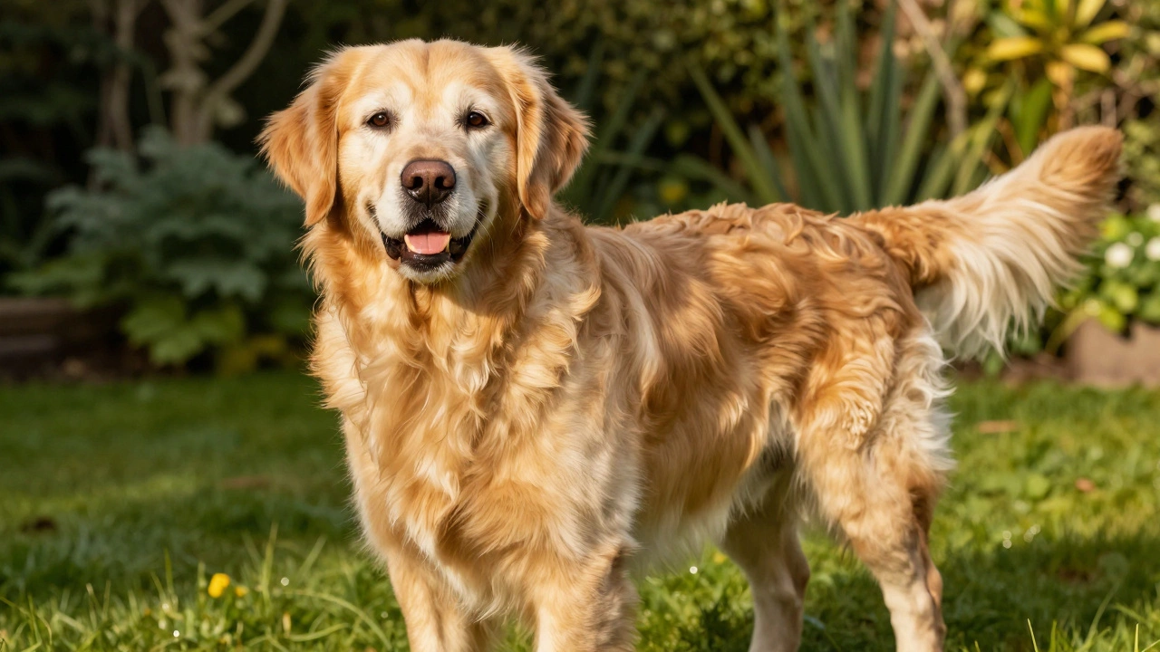 A senior Golden Retriever with a shiny, healthy coat in a garden