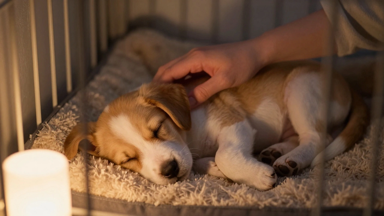A sleeping puppy resting comfortably in a dry crate at night