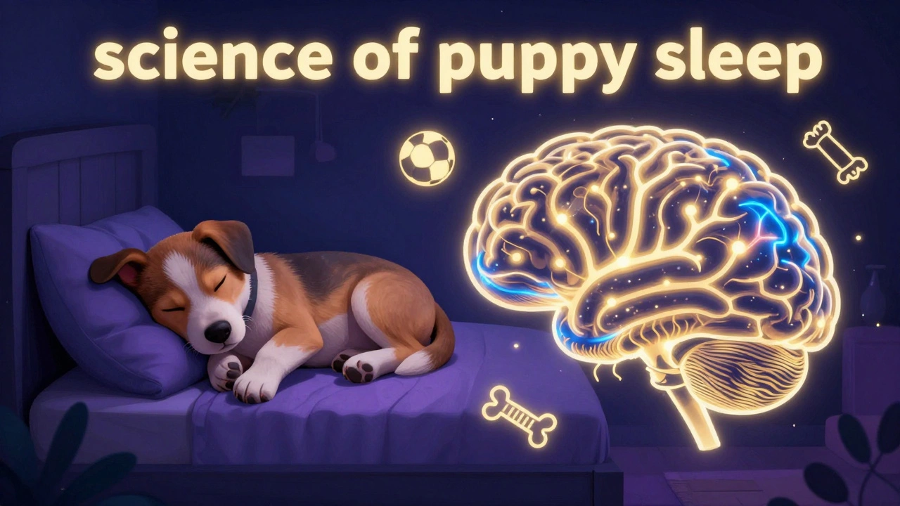Artistic depiction of a sleeping puppy with a glowing brain symbolizing learning and memory.