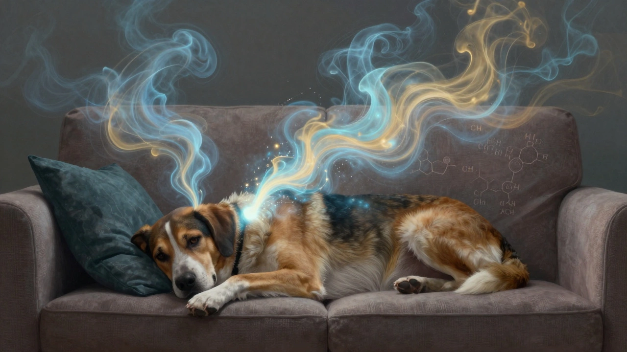 Artistic visualization of a dog smelling pheromones on a sofa using colorful swirling mists.