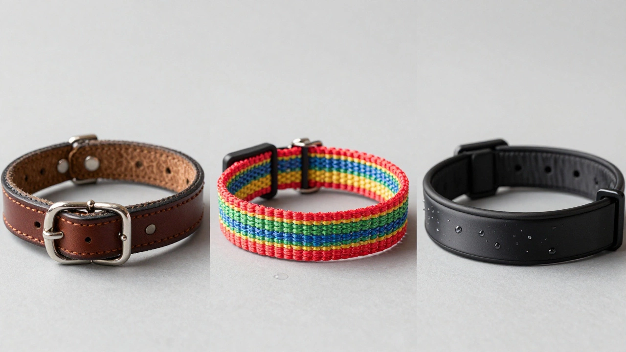 Comparison of leather, nylon, and waterproof Biothane dog collars on a neutral background