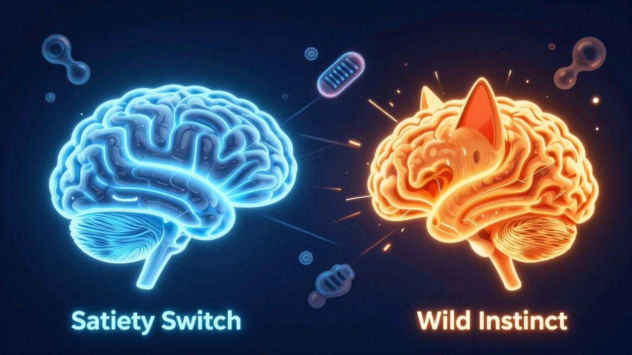 Conceptual art of a cat's brain showing the conflict between satiety and wild instinct.