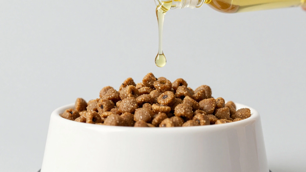 Golden fish oil being drizzled onto dog kibble in a bowl