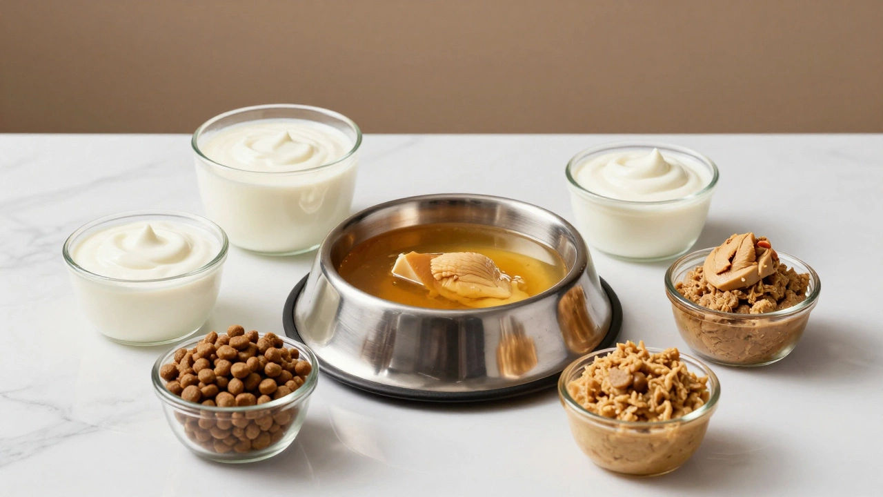 Variety of cat food toppers including broth, goat's milk, and wet food pâté