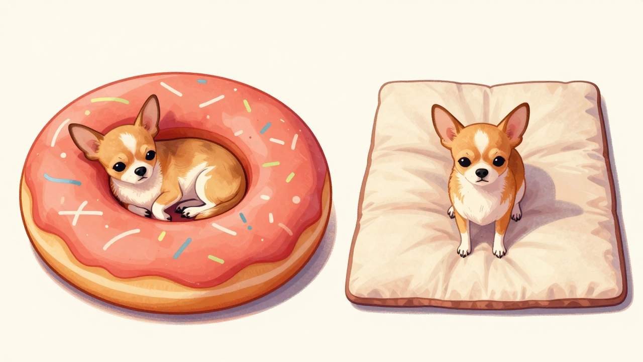 Chihuahua in a perfect-fit bolster bed versus one in an oversized flat mat.
