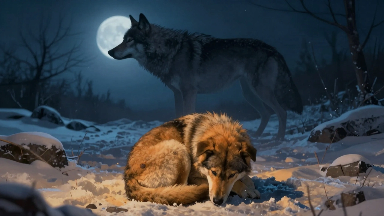 Concept art linking domestic dog curling to wolf instincts