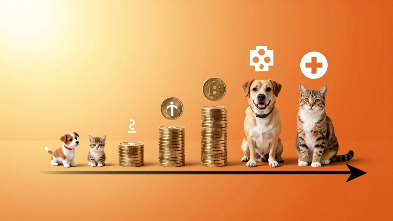 Conceptual graphic showing rising pet insurance costs as pets age