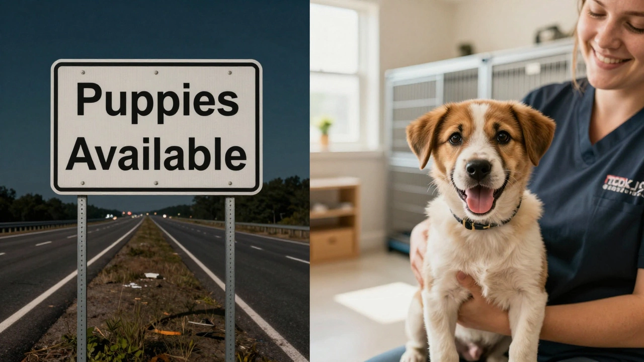 Contrast between a shady roadside puppy ad and a bright, happy shelter rescue.