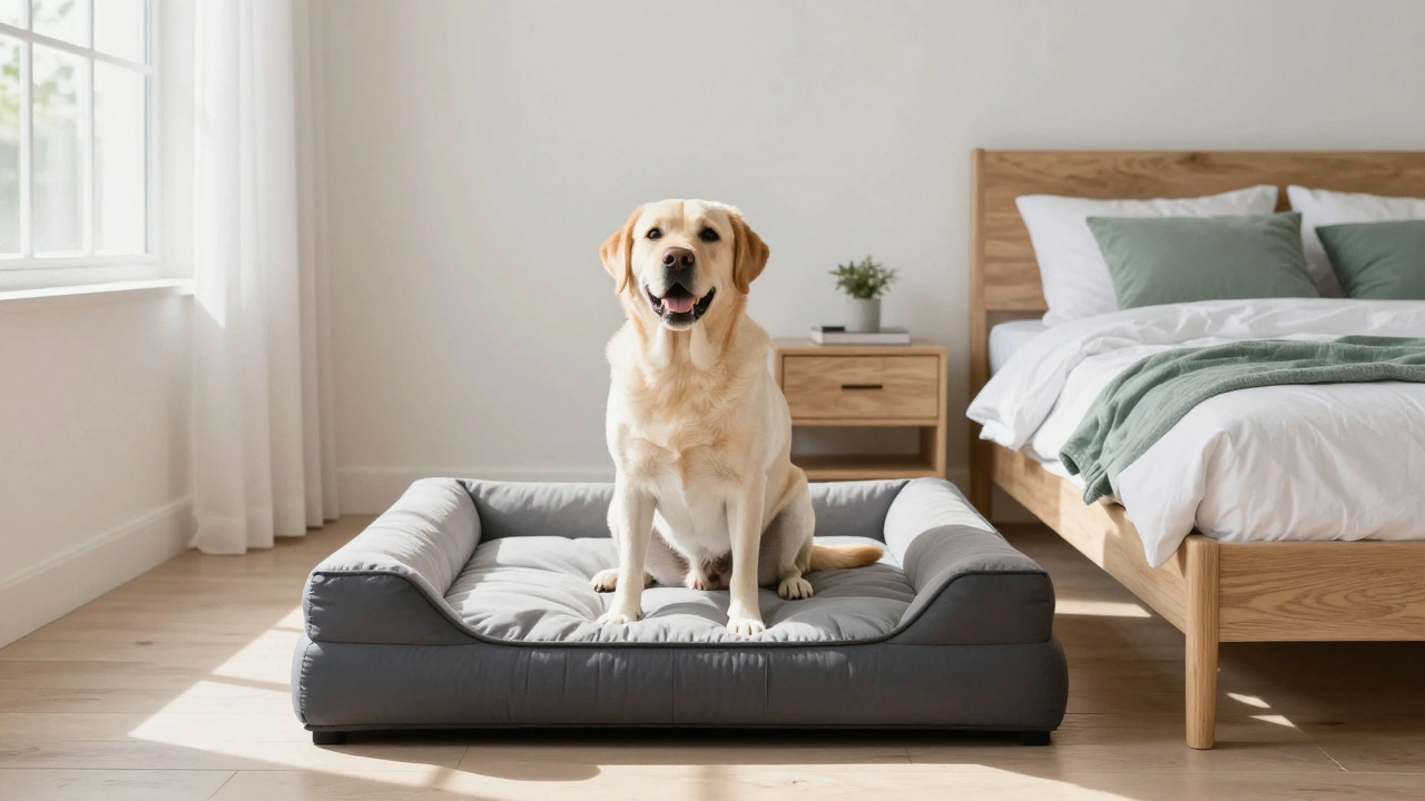 Dog resting on a separate orthopedic bed next to a human bed in sunlight