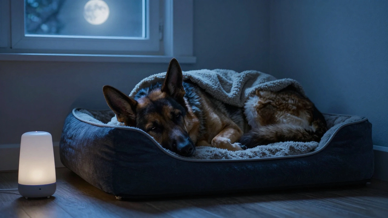 Dog resting peacefully on a heated bed in a dim, calm room