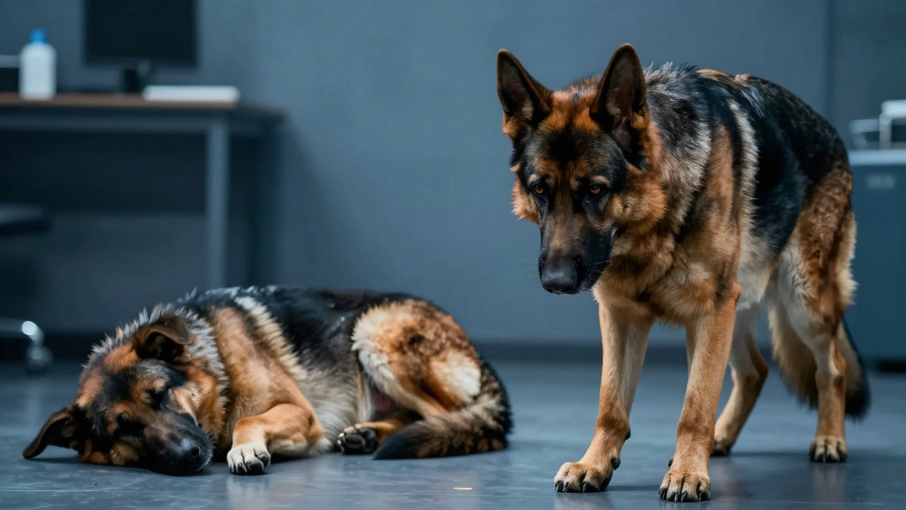 Dog standing in prayer position showing signs of abdominal pain