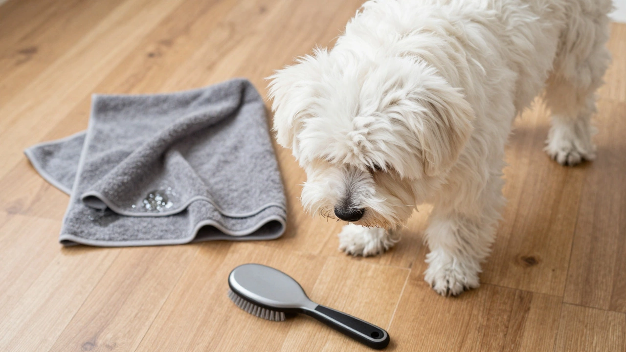 Dog standing next to a microfiber towel and brush