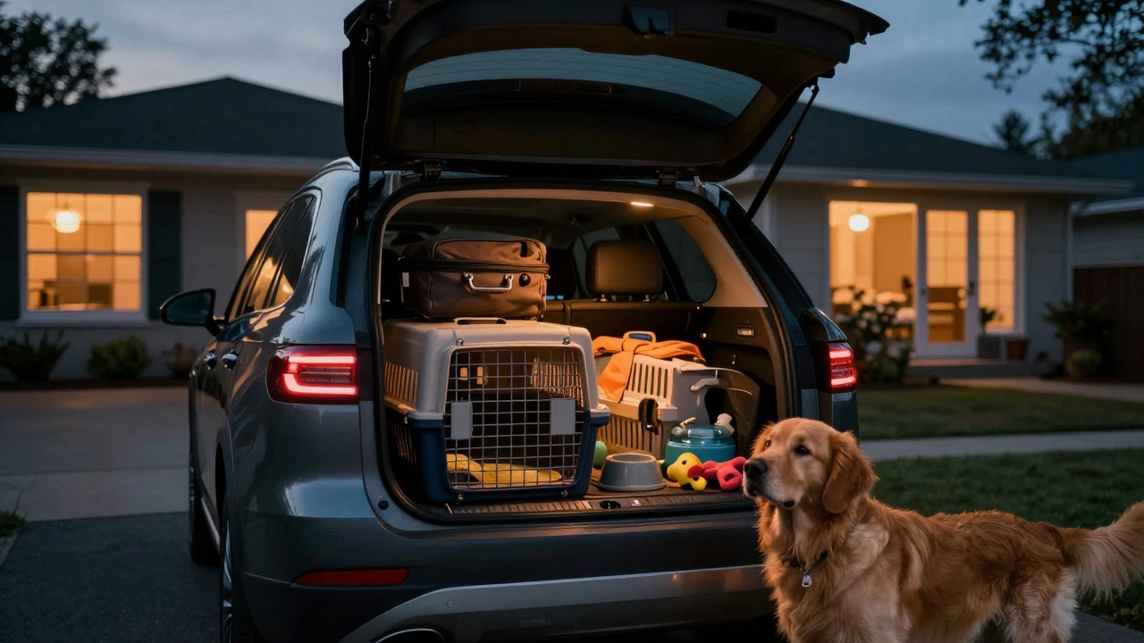 Family packing car trunk for road trip with dog