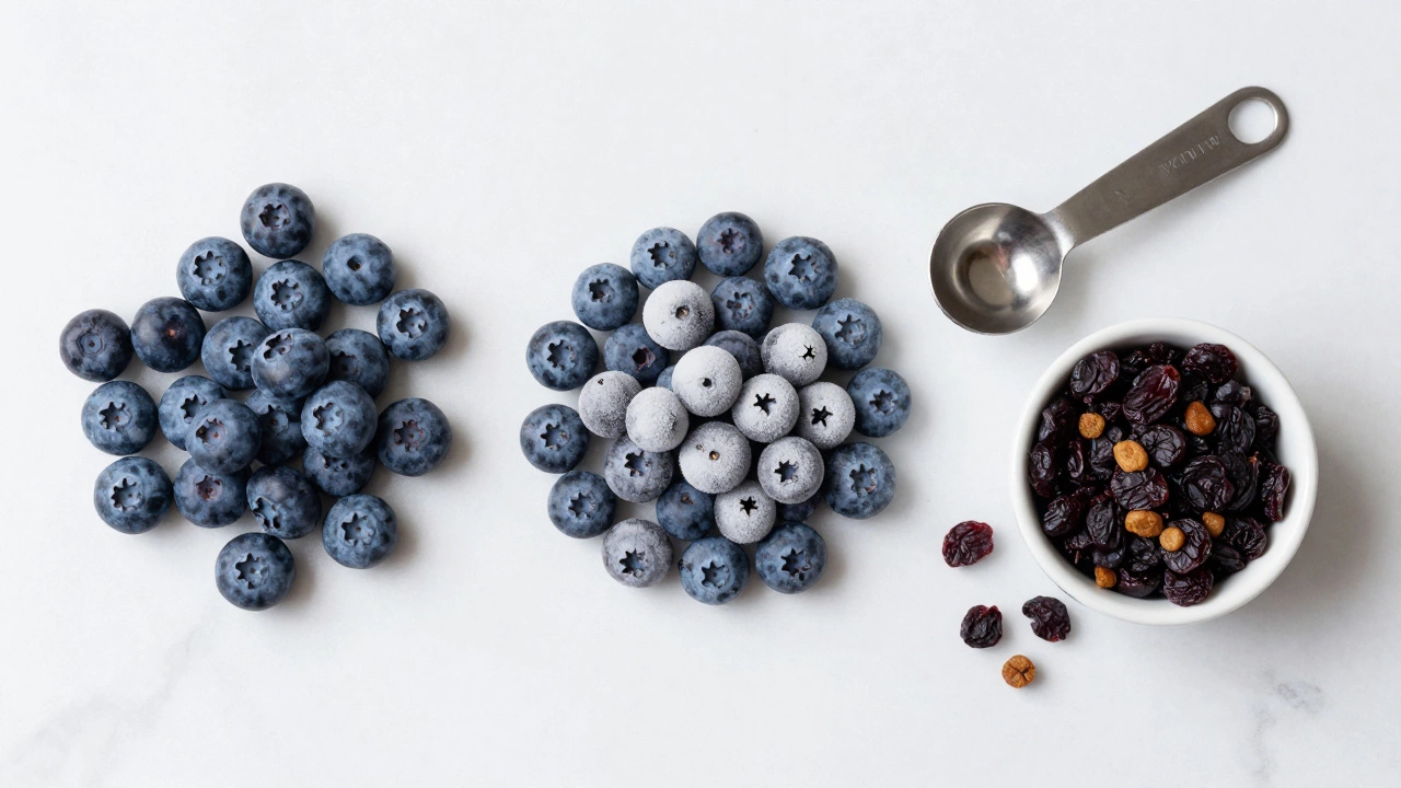 Fresh, frozen, and dried blueberries displayed on a marble surface