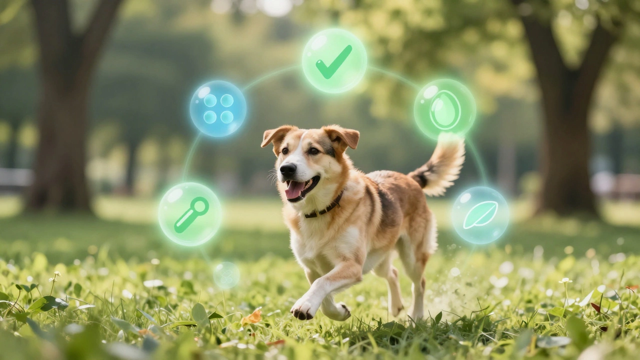 Happy dog running in a park with glowing antioxidant effects