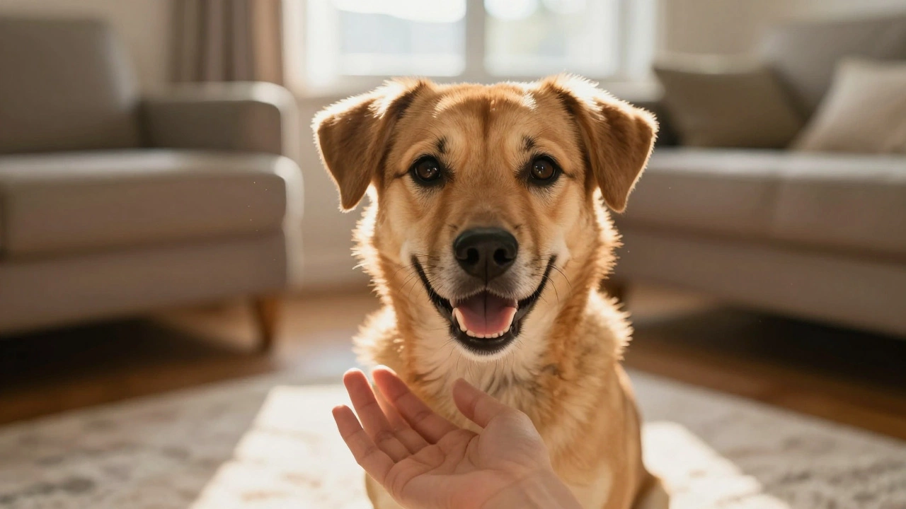 Happy rescue dog being petted by an owner in a sunlit home.