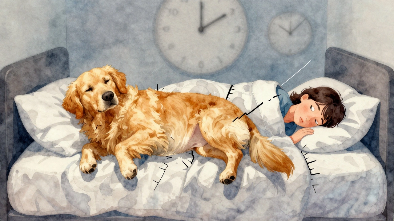 Illustration of a dog disrupting sleep by moving around in bed at night