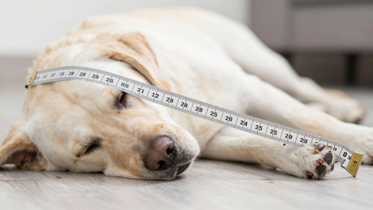 Measuring tape on a sleeping Labrador to demonstrate proper dog bed sizing measurements.