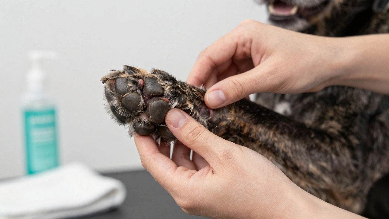 Owner gently inspecting dog's paw for irritation after grooming