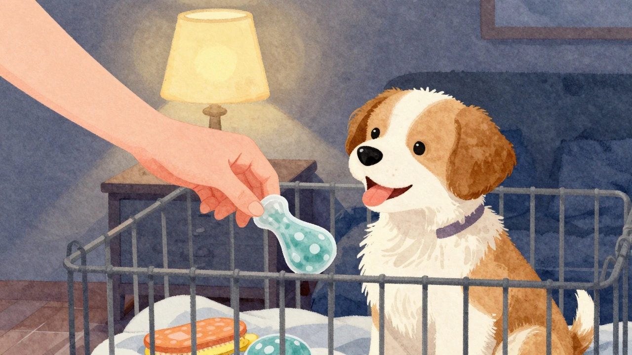 Owner giving a calming treat to a puppy in a dimly lit bedroom