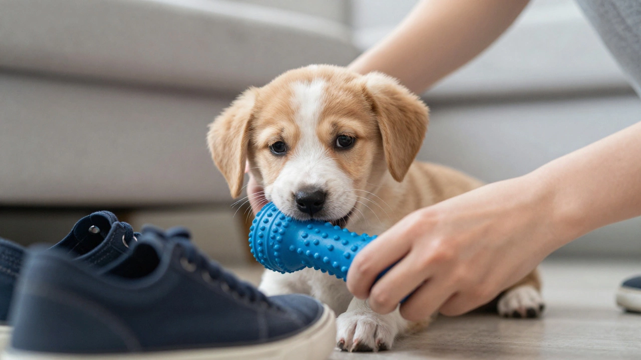 Person guiding puppy to chew toy instead of household item
