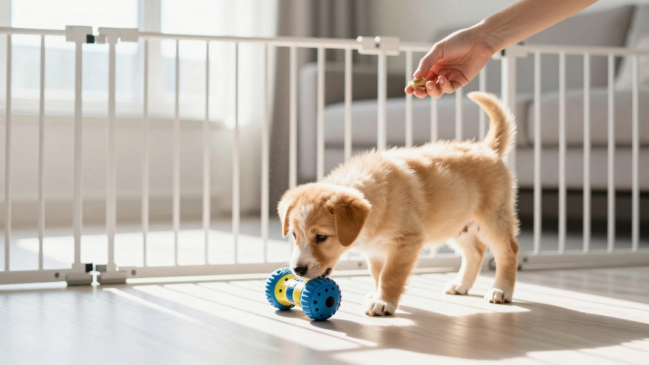 Puppy exploring a gated safe zone with toys and sunlight