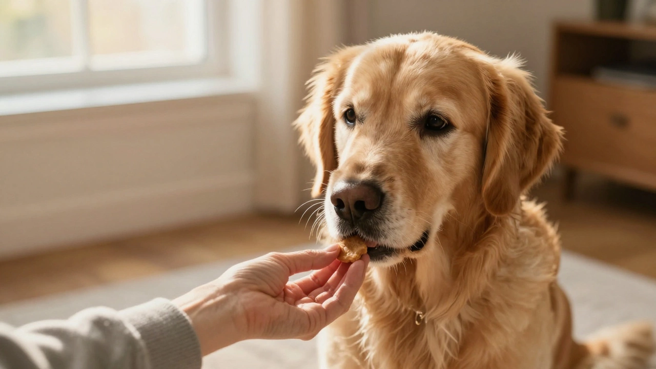Senior dog receiving gentle treat from owner