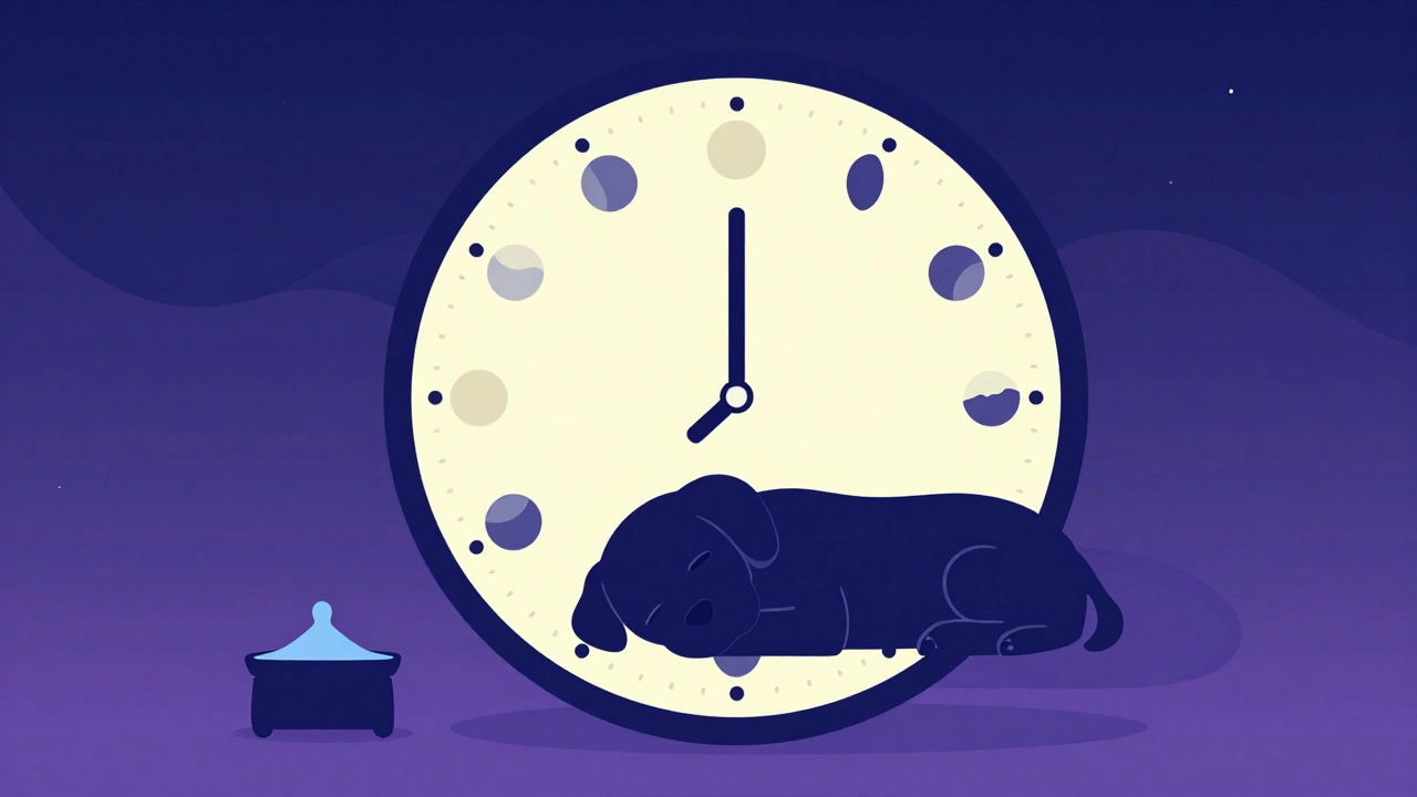 Stylized graphic showing puppy sleep cycles and night progression