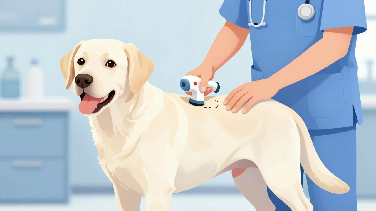 Vet scanning dog for microchip identification