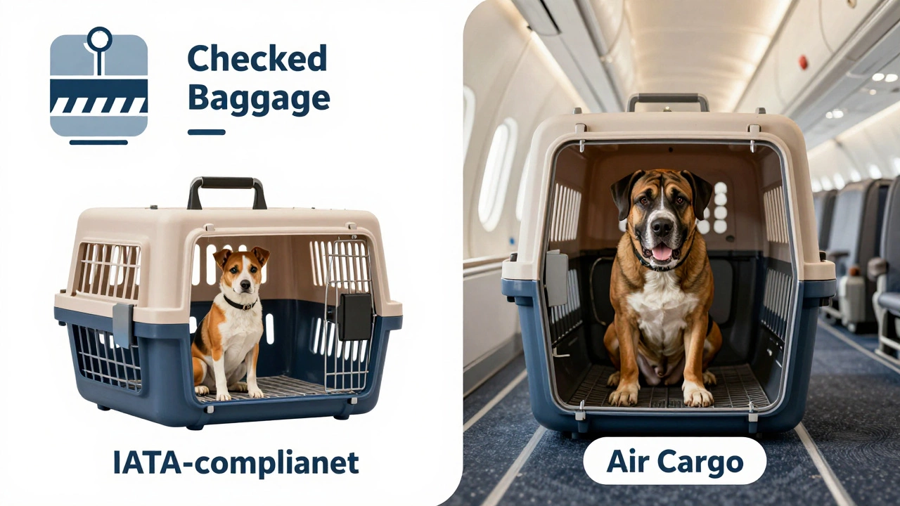 Visual comparison of checked baggage vs air cargo for dogs