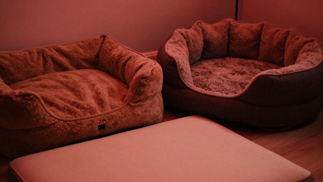 Bolster, cave, and flat dog beds under warm red night lighting