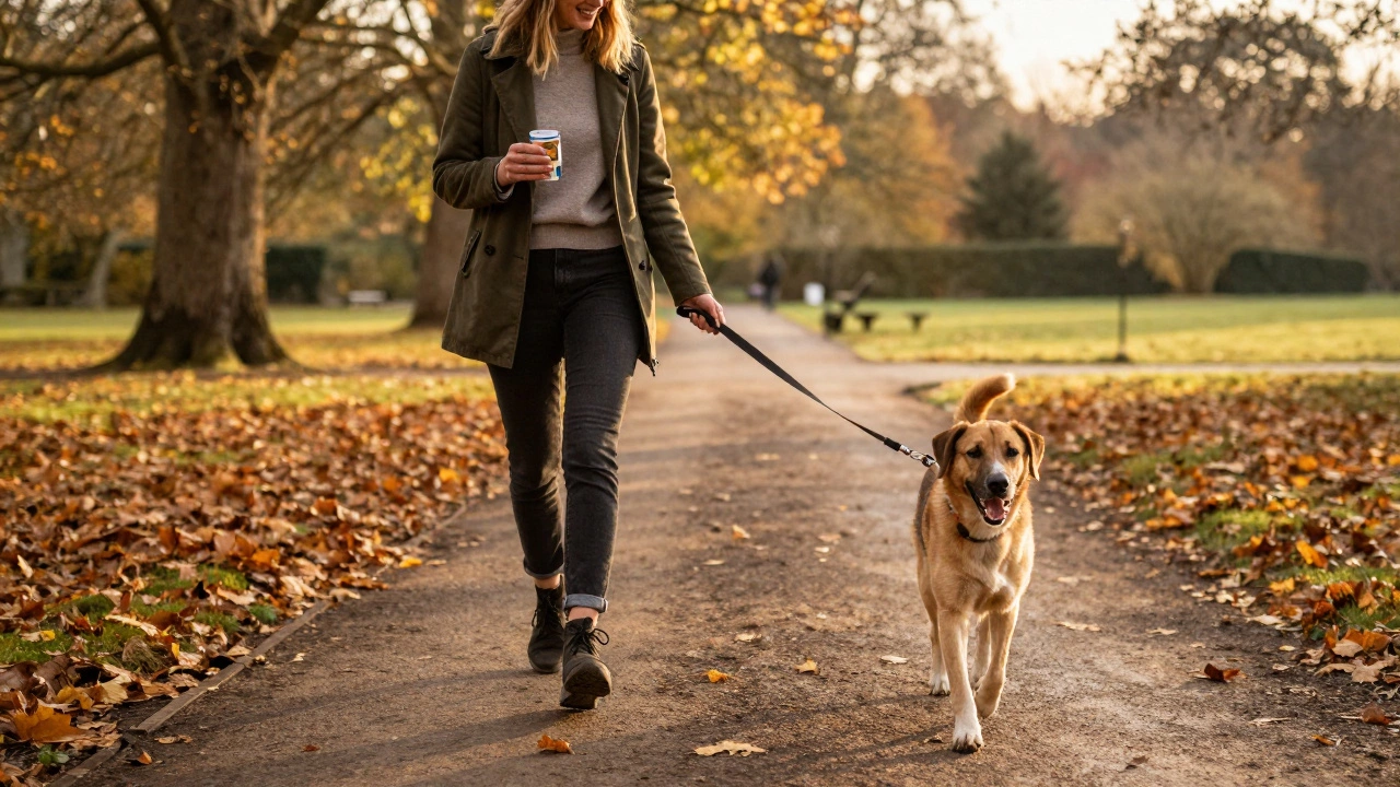 Calm dog walking loosely beside owner receiving a treat