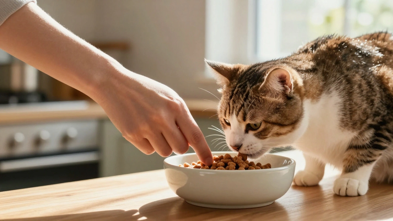 Cat eating mixed wet food while owner prepares the meal