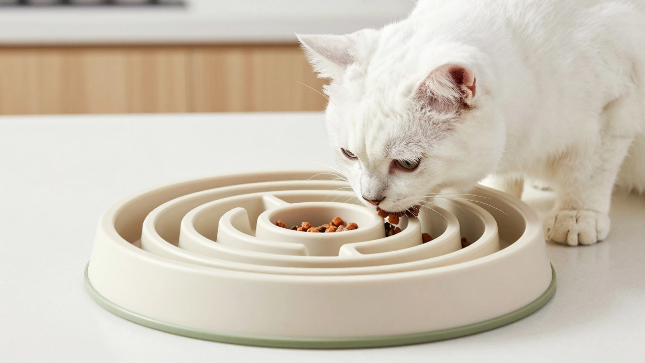 Cat eating slowly from a maze-style slow feeder bowl on a counter