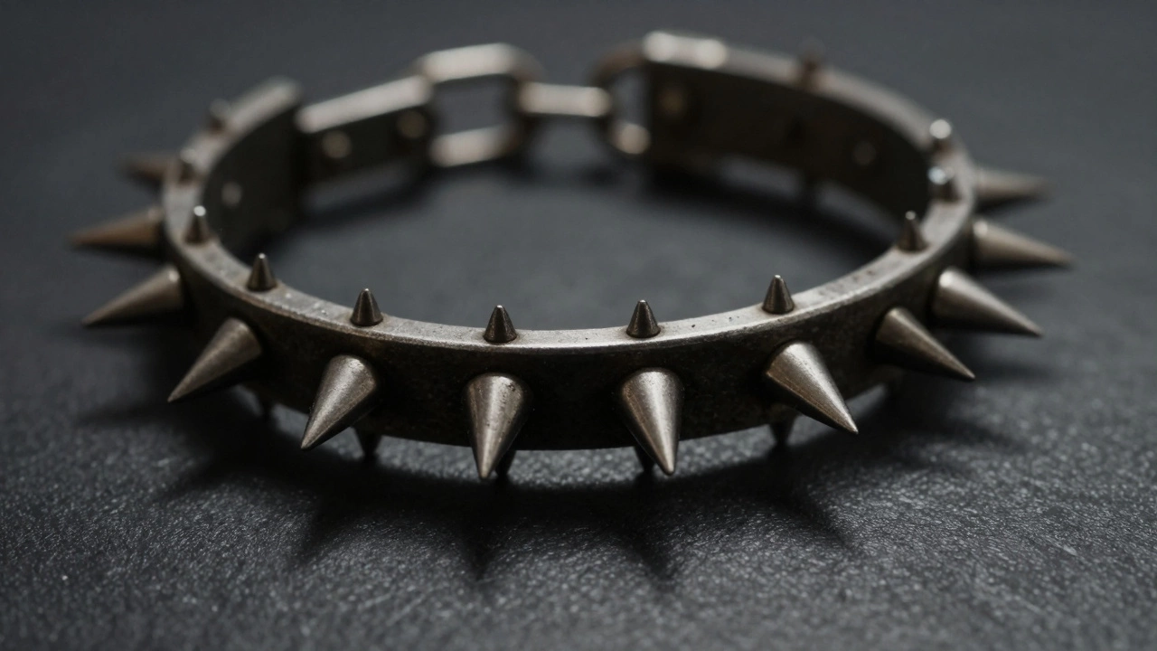 Close-up of a metal prong collar showing spikes and chain links