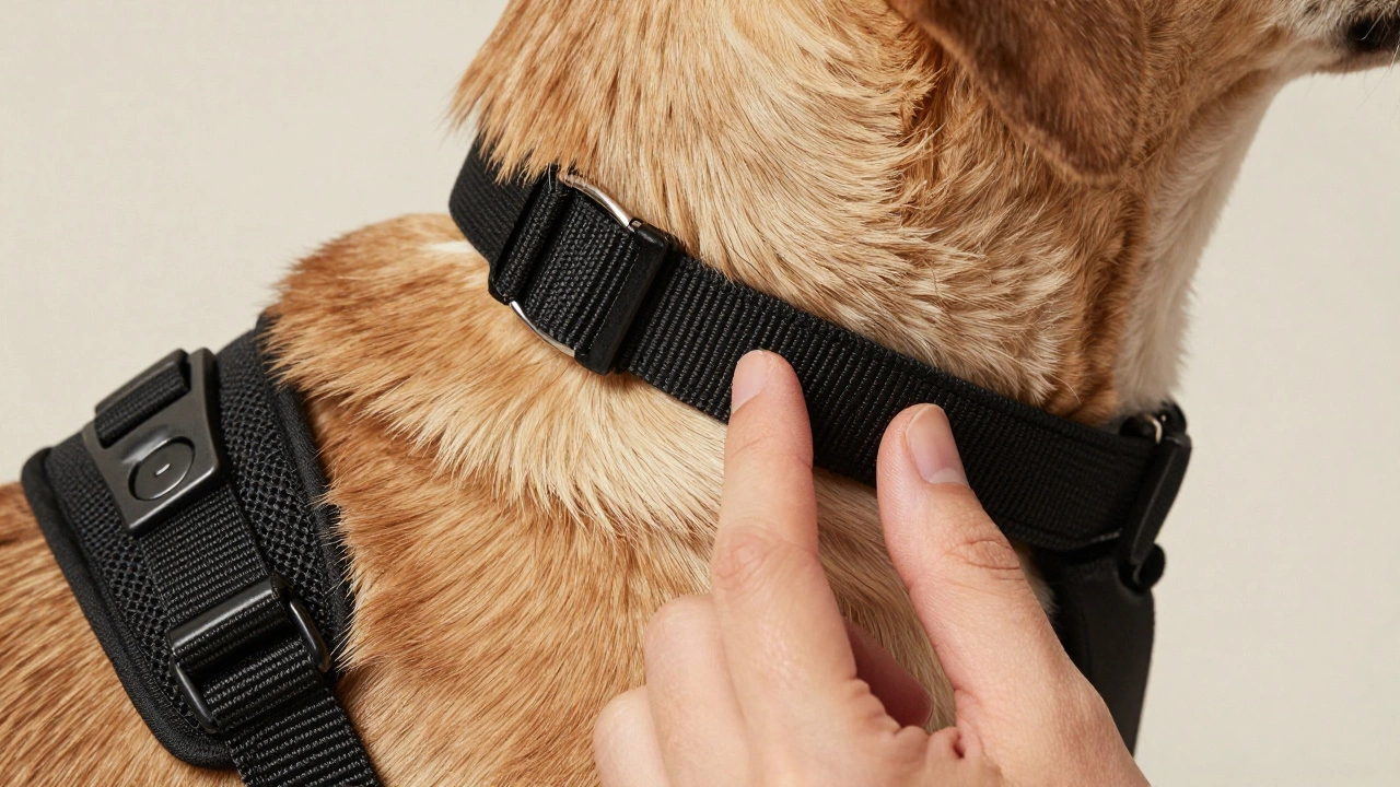 Close-up of fingers checking fit of dog collar under harness