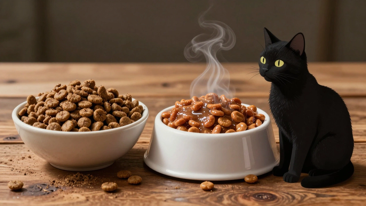 Comparison of dry kibble and moist wet food bowls with a healthy cat