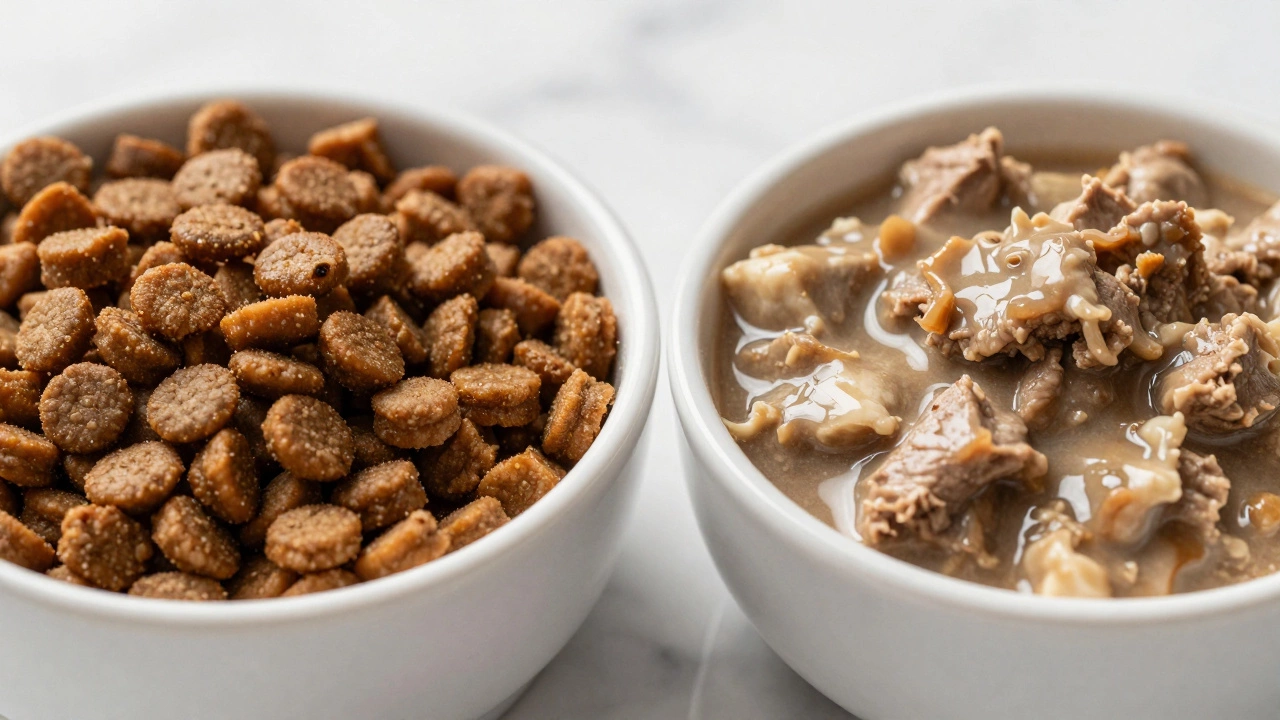 Comparison of dry kibble versus moist wet cat food in bowls