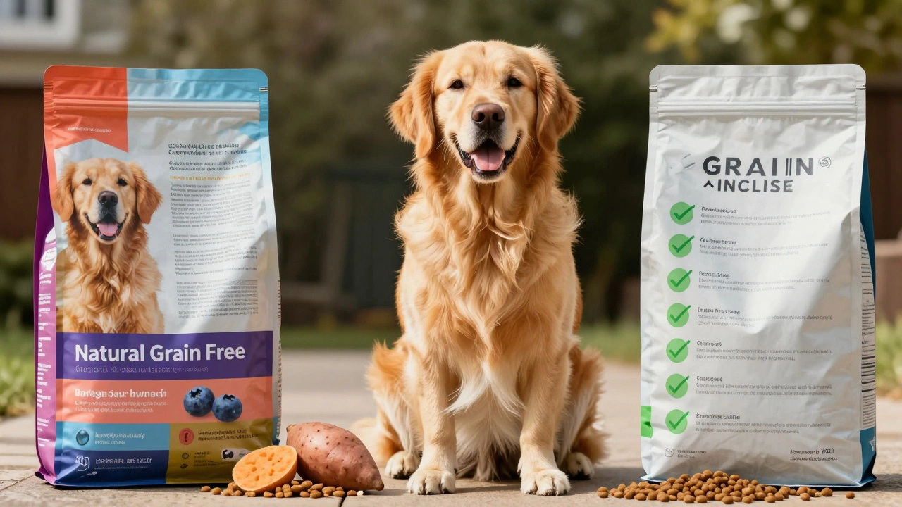 Comparison of natural grain-free vs grain-inclusive dog food bags and ingredients