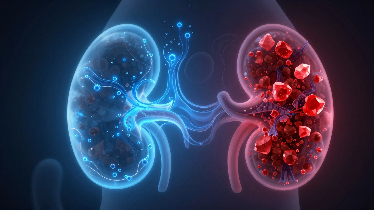 Conceptual art showing hydrated kidneys vs crystal formation in cats