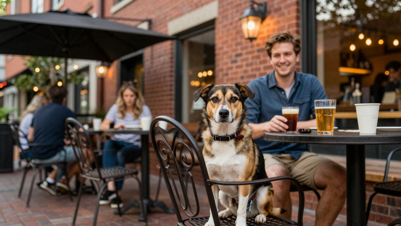 Dog sitting on outdoor patio chair at Asheville brewery